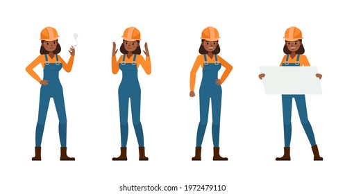 Set of Builder woman working character vector design. Presentation in various action with emotions.