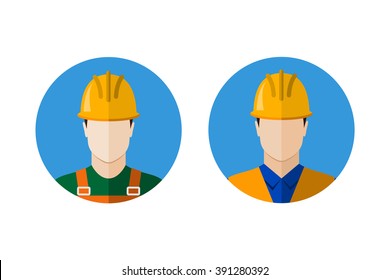 Set of builders avatars. Construction workers. Circle flat style icons