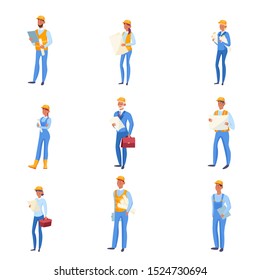 Set of builders in blue clothing and helmets vector illustration