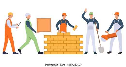 Set of builders, bricklayer and handymen holding tools and working. Group of men wearing uniform. Vector illustration for building work presentation slide, construction business design