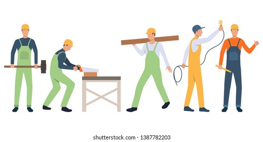 Set of builders, carpenter, electrician and handymen working. Group of men wearing uniform and holding tools. Vector illustration for building work presentation slide, construction business design