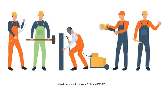 Set of builders, electrician, welder and handymen working. Group of men wearing uniform and holding tools. Vector illustration for building work presentation slide, construction business