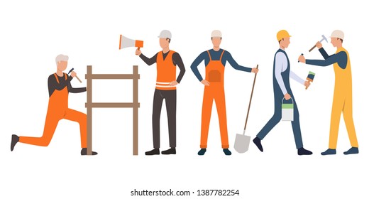 Set of builders, foreman, painter, carpenter and handymen working. Group of men wearing uniform and holding tools. Vector illustration for building work presentation slide, construction business