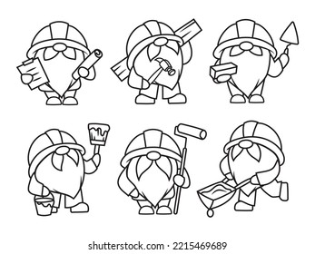 Set of builders gnomes. Collection of gnomes with construction tools. Workers. Vector graphics on a white background.