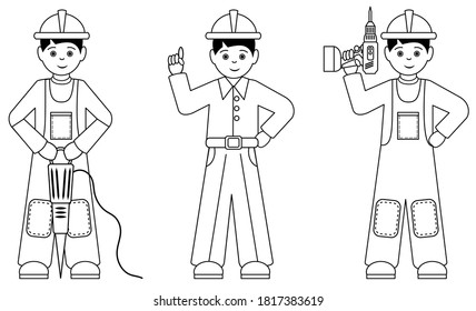 Set Of Builders In Hard Hats Linear Drawing Black Line White Background