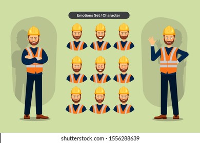 Set of Builders man facial different expressions. Builders Man emoji character. Vector illustration.