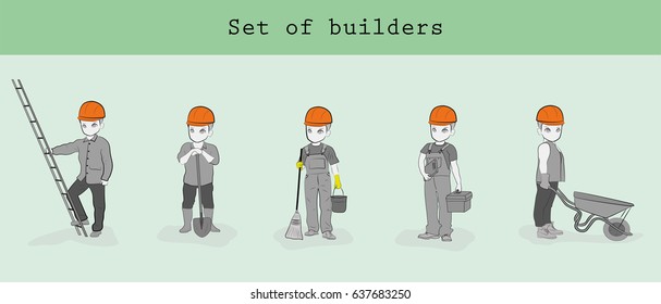 set builders men in various poses. Hand drawn cartoon vector illustration for building or business design and infographics.