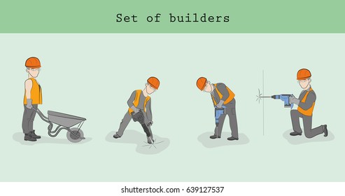 set builders men in various poses. Hand drawn cartoon vector illustration for building or business design and infographics.