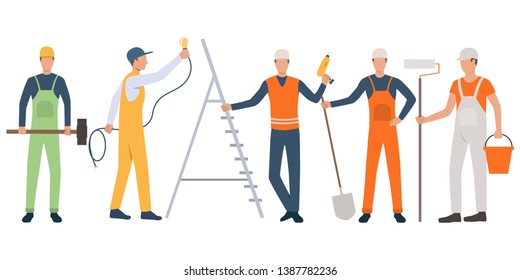 Set of builders, painter, electrician, painter and handymen working. Group of men wearing uniform and holding tools. Vector illustration for building work presentation slide, construction business