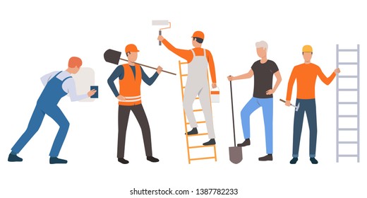 Set of builders, painter, plasterer and handymen working. Group of men wearing uniform and holding tools. Vector illustration for building work presentation slide, construction business