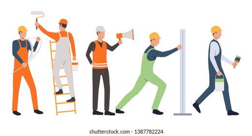 Set of builders, painters, electrician, foreman and handymen working. Group of men wearing uniform and holding tools. Vector illustration for building work presentation slide, construction business