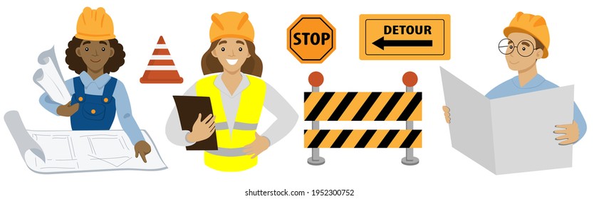 Set builders People of different professions and nationalities. Dark-skinned woman architect, woman in a construction helmet. Male engineer with blueprints. Signs for construction stop, detour, cone.