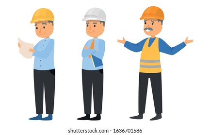 Set of builders in protective helmets during work vector illustration