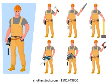 Set of builders in special clothes with various tools. Workers with safety equipment. Jumpsuit, safety helmet and gloves. Vector illustration in a flat style.