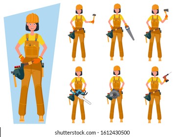 Set of builders in special clothes with various tools. Worker women with safety equipment. Jumpsuit, safety helmet and gloves. Vector illustration in a flat style. svg
