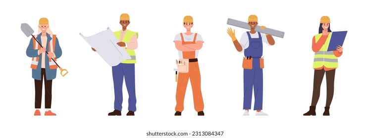 Conjunto de constructores, técnicos, ingenieros y trabajadores industriales dibujando personajes de uniforme