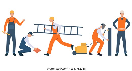 Set of builders, welder and handymen working. Group of men wearing uniform and holding tools. Vector illustration for building work presentation slide, construction business