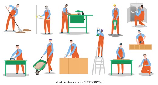 Set of builders workers people characters isolated flat vector illustration, foreman building, welding, carrying ladder, making brickwork, holding hummer. Carpenter, man builds, profesional works.