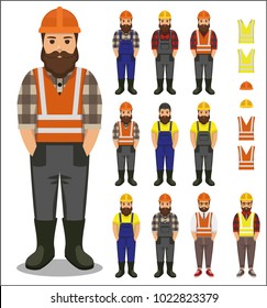 Set of Builder/worker man in plaid shirt, jumpsuit and helmet flat icon - a man with a moustache, beard  wearing in worker jumpsuit, plaid shirt, rubber boots and helmet construction.