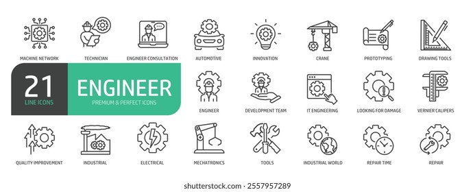 Set of Building Architecture And Engineering Line Icons. Contains icons as Technicians, Automotive, Prototyping, Industrial, and more.