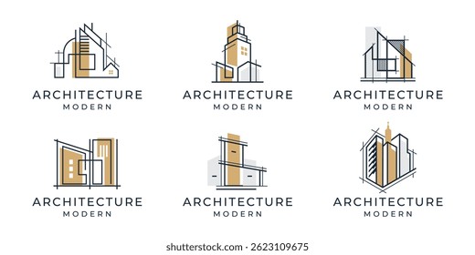 Set of building architecture with line art style logo design inspiration.