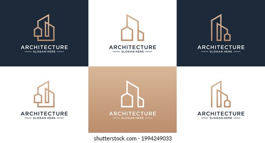 Set of building architecture logo template. Minimalist real estate with unique line art style logo collection.