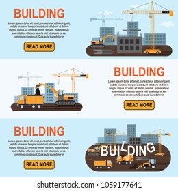 set of building banners, construction concept different types of construction with construction vehicles crane, tractor, truck, concrete mixer, bulldozer vector illustration flat

