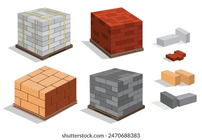 Conjunto de pilas de ladrillo de construcción, 3D isométrico edificio pared de ladrillo aislado. Vector Eps