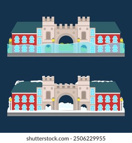 Un conjunto de edificio y ciudad en diferentes Climas, diseño de casa de Vector plana