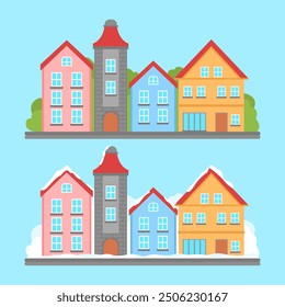 A set of building and city in different weather, flat vector house design