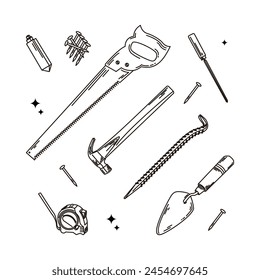 conjunto de herramientas de construcción de edificios y carpintería línea de Vector editable arte