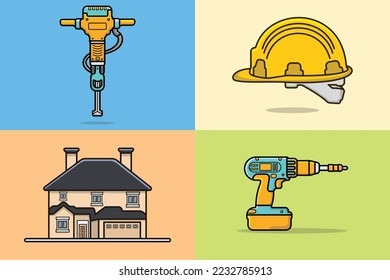 Conjunto de ilustraciones de iconos vectoriales de equipo de construcción de edificios. Concepto de elemento de herramientas de construcción y trabajo. Construcción, taladros, jactámmer eléctrico y diseño de iconos vectores de casco de seguridad de construcción.