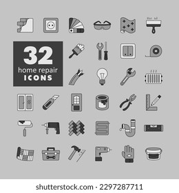 Set of building construction and home repair isolated grayscale icons. Vector design and illustration