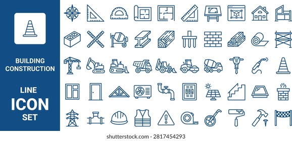 A set of building construction line icons including machinery, safety gear, structural materials, and site planning tools for professional use.