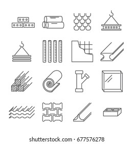 Set of building construction materials Related Vector Line Icons. Includes such icons as bricks, boards, glass, rails, frame