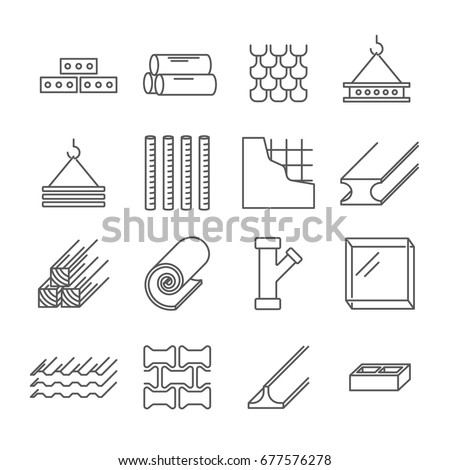 Set of building construction materials Related Vector Line Icons. Includes such icons as bricks, boards, glass, rails, frame