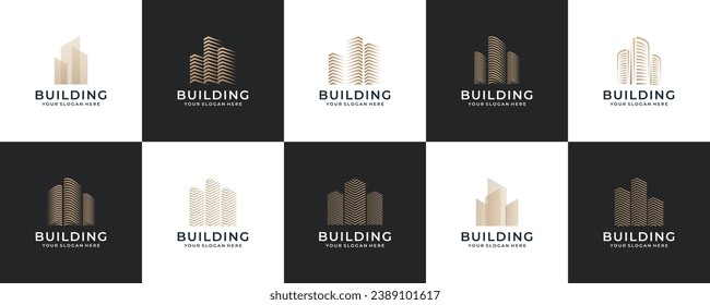 set of building design logos with line style. symbol for construction, apartment and architect.