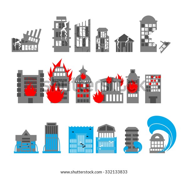 Set Building Disasters Destruction Flood Fire Stock Vector (royalty 