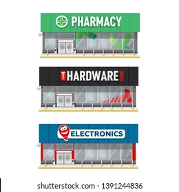 Set Of Building Facade  Illustration. Store Of Pharmacy, Electronic Shop,  Hardware Store
