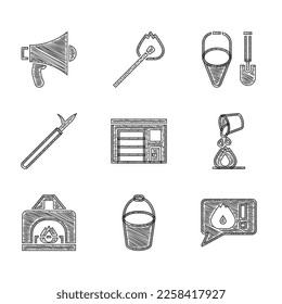 Set Building of fire station, Fire bucket, Telephone call 911, Bucket extinguishing, Interior fireplace, Metal pike pole, shovel and and Megaphone icon. Vector
