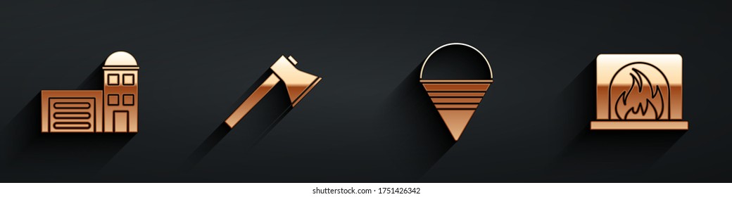 Set Building of fire station, Firefighter axe, Fire cone bucket and Interior fireplace icon with long shadow. Vector