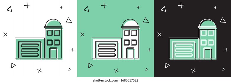 Set Building of fire station icon isolated on white and green, black background. Fire department building.  Vector Illustration