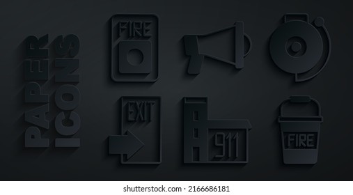 Set Building Of Fire Station, Ringing Alarm Bell, Fire Exit, Bucket, Megaphone And System Icon. Vector