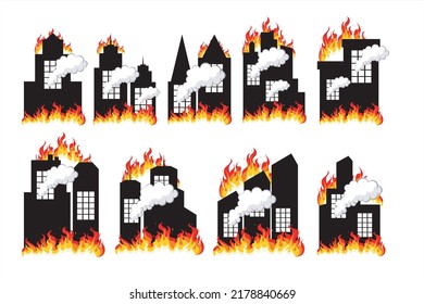 Set The Building Fire. Vector Illustration Of Building On Fire. Fire Disaster. Burning Building