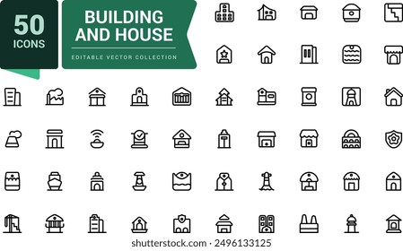 Set of building and house icons. Line icon for web and ui design. Thin linear style icons Pack. Vector Illustration