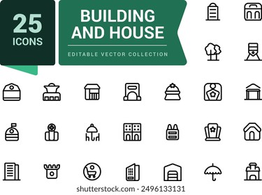 Set of building and house icons. Line icon for web and ui design. Thin linear style icons Pack. Vector Illustration