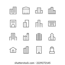 Set of building and house icons, property, apartment, school, structure, skyscraper, hospital and linear variety vectors.
