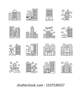 Conjunto de edificio icono hotel y el alojamiento está cerca del transporte, el mercado del hospital y la escuela. Trazo editable. Vector EPS10.