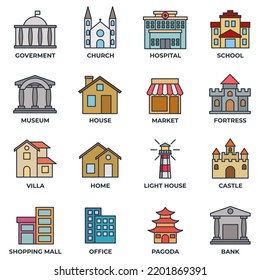 Set of Building icon logo vector illustration. bank, shopping mall, castle, fortress, hospital, house and more pack symbol template for graphic and web design collection