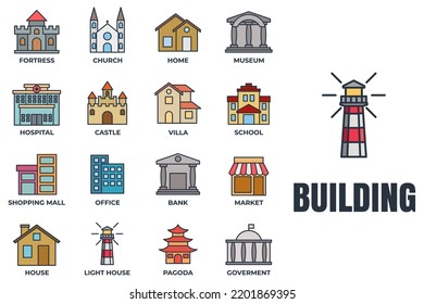 Set of Building icon logo vector illustration. bank, shopping mall, castle, fortress, hospital, house and more pack symbol template for graphic and web design collection